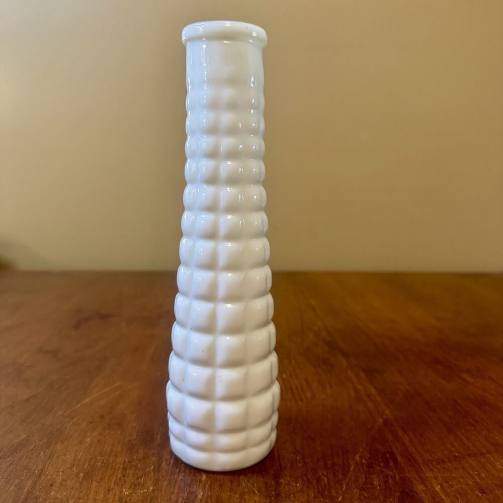 Vintage E.O. Brody White Milk Glass Bud Vase 8” Beehive Waffle Textured MCM